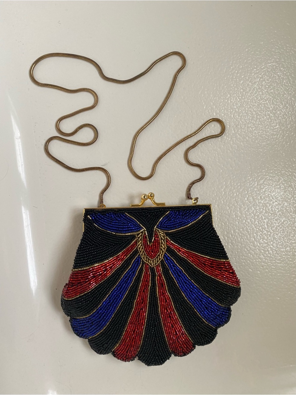 Vintage Beaded Shell-Shape Evening Crossbody Bag in Black, Red & Blue